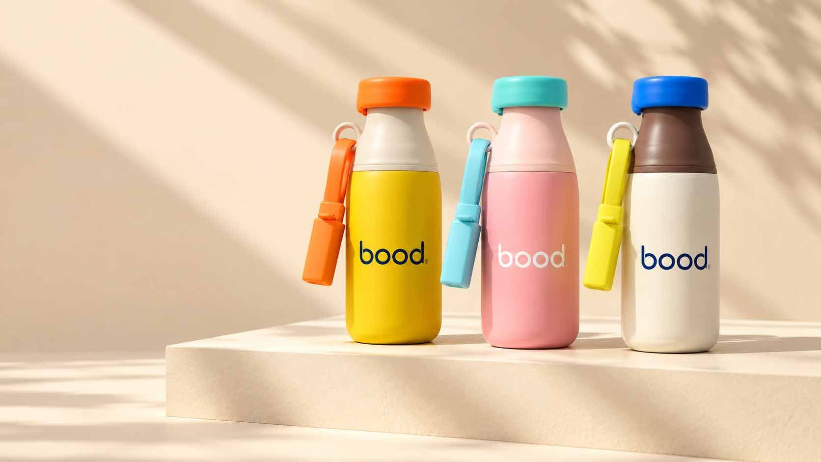 The bood bottle collection, yellow, pink and cream colourways