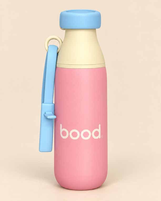 Close-up of a bood bottle showing the rounded cap, carry strap and two-tone body