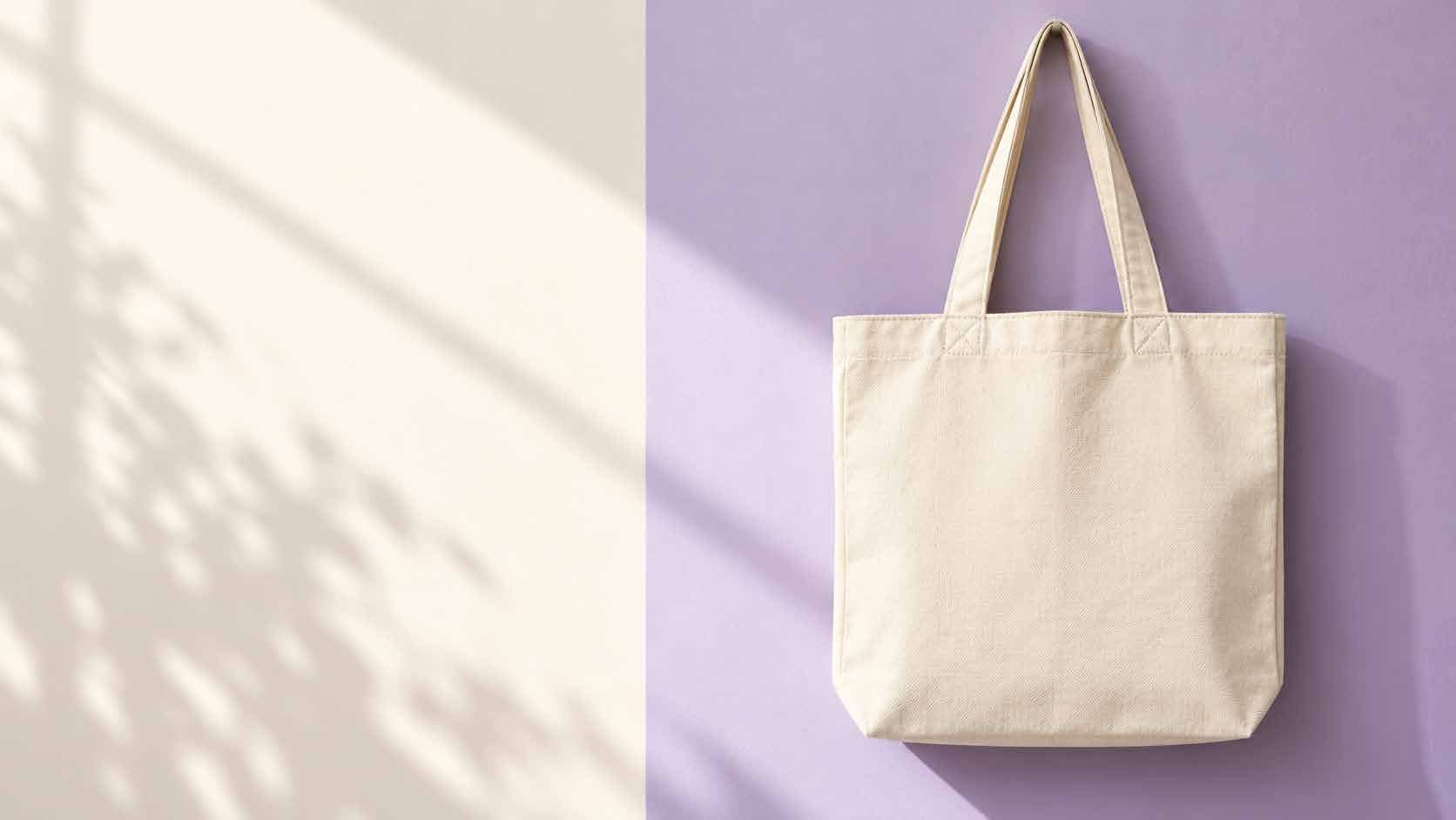 Concept natural canvas tote bag against a lilac wall
